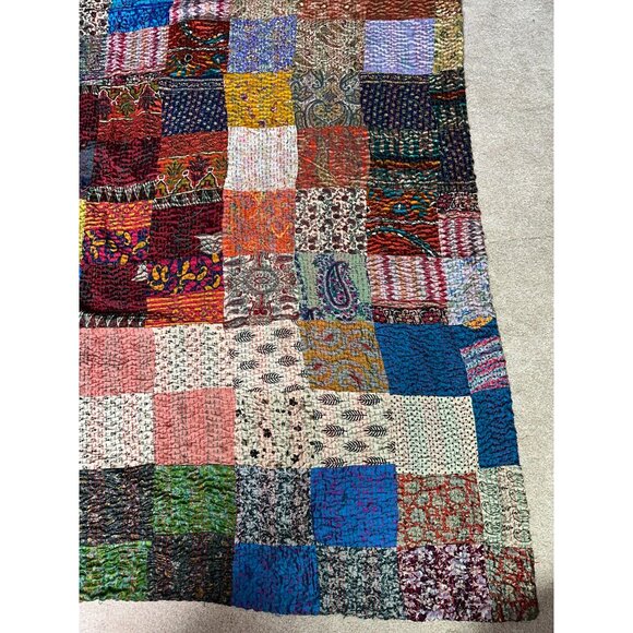 Taj Hotel Kantha Colorful Patchwork Silk Rayon Throw Blanket 62x84 - Picture 9 of 10